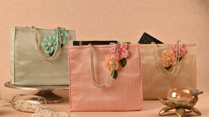 Banaavat Essence Dupion Silk Hamper Bag – Handcrafted Floral & Golden Dori Handle (9.5"x8.5"x3.2")