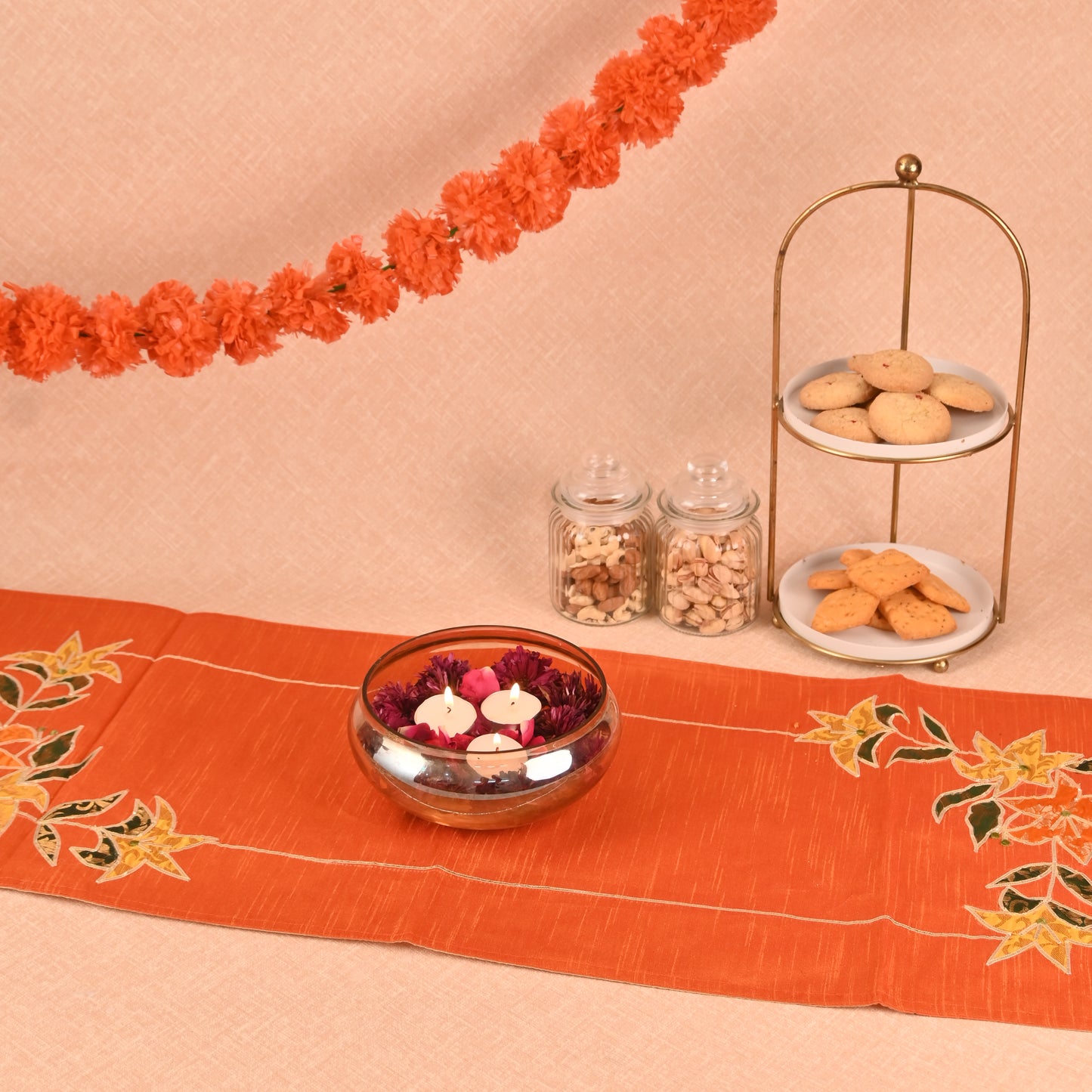 Banaavat Essence Silk Table Runner – Brocade Patchwork with Gota Outlining & Handcrafted Tassels (36"x13")