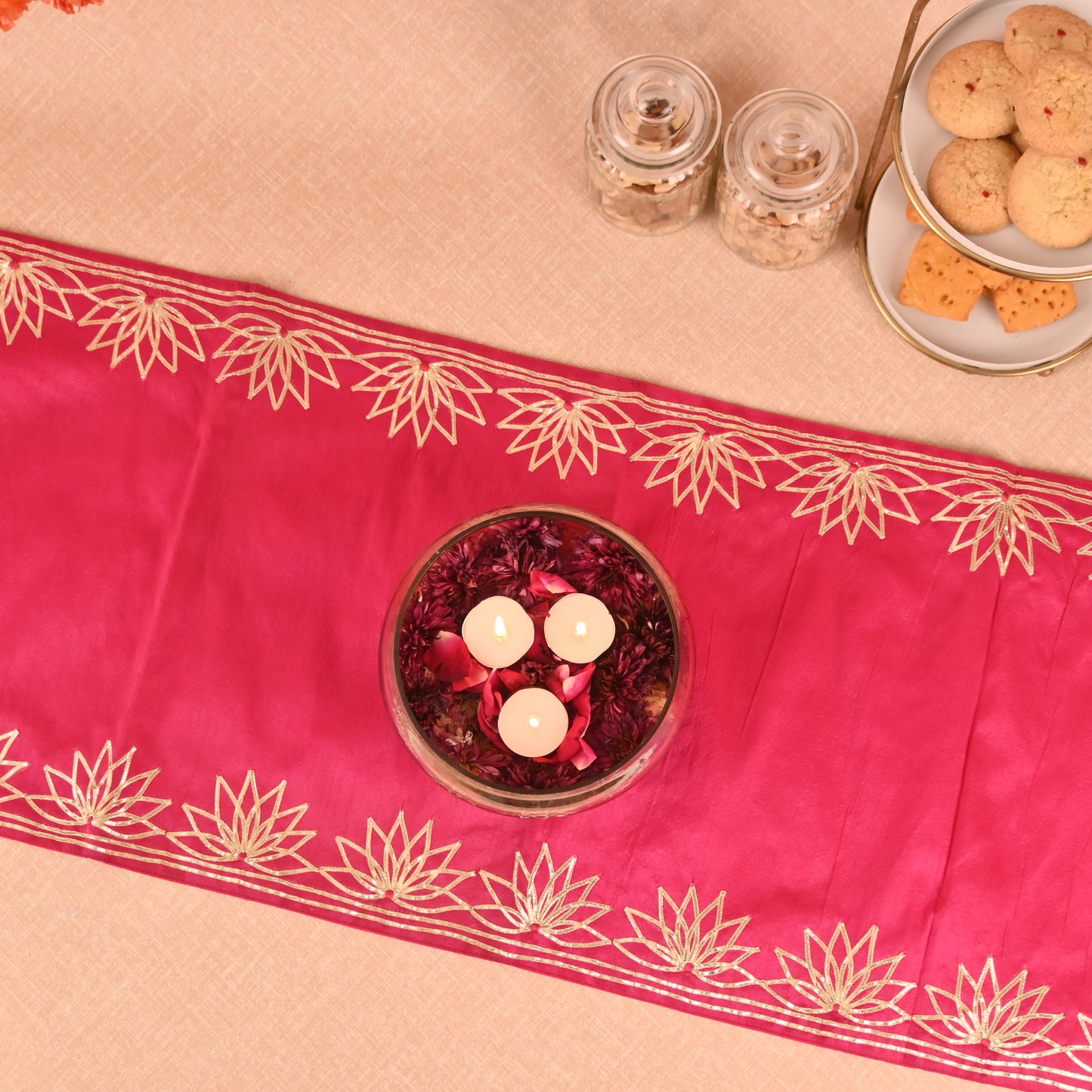 Banaavat Essence Silk Table Runner – Gota Lotus Work (36"x13", Multiple Colors)