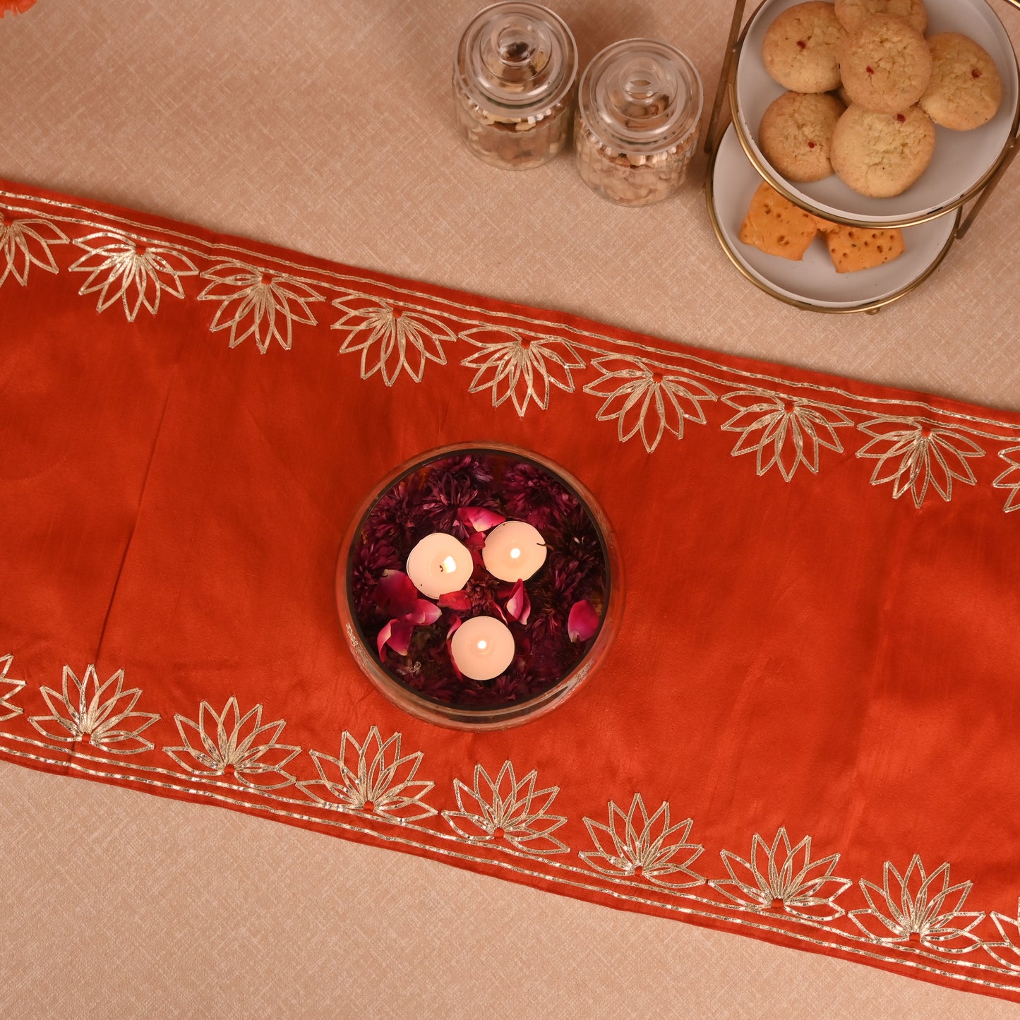 Banaavat Essence Silk Table Runner – Gota Lotus Work (36"x13", Multiple Colors)