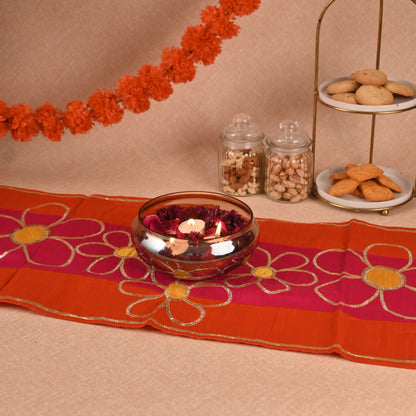 Banaavat Essence Silk Table Runner – Gota Floral Karigari (36"x13", Orange & Hot Pink)
