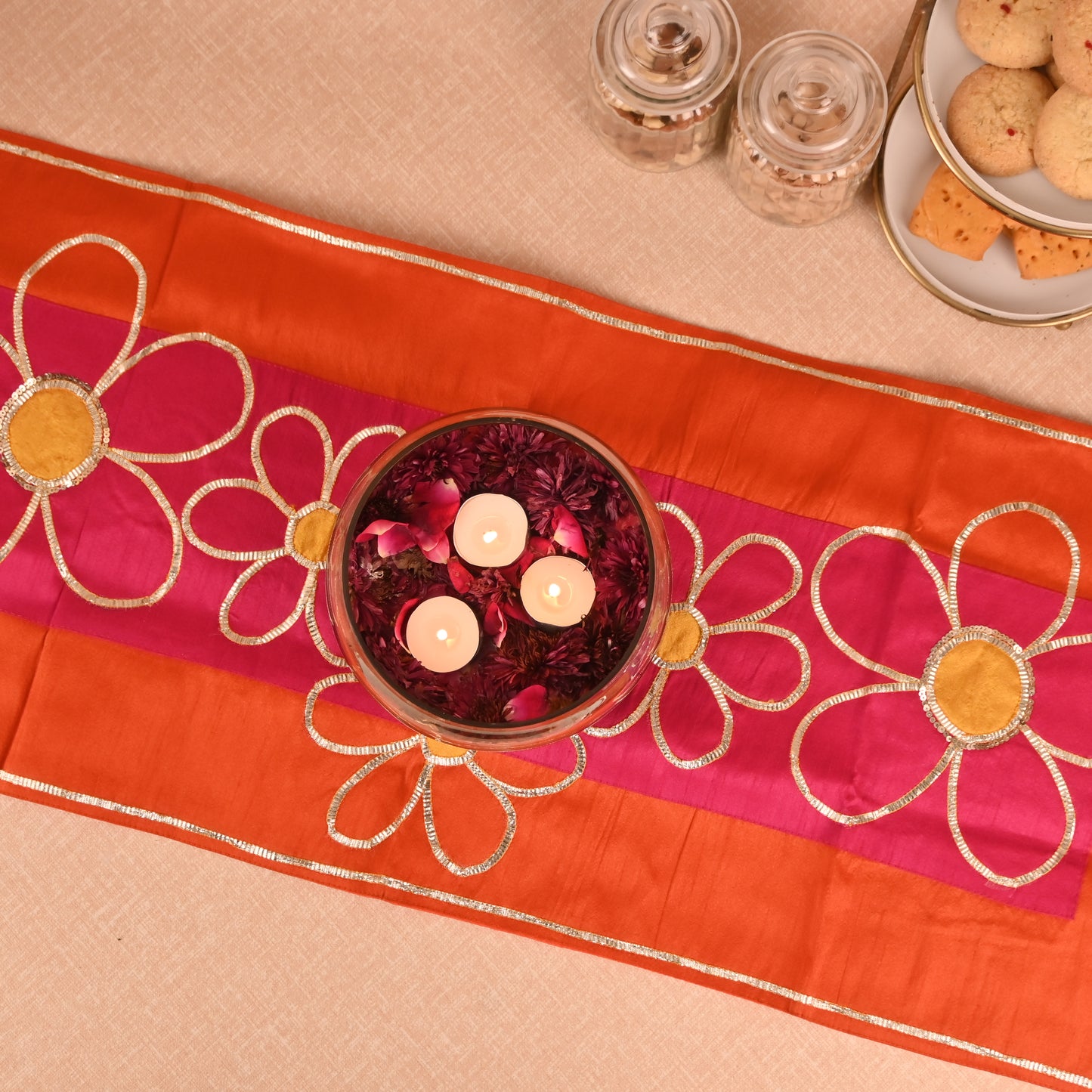 Banaavat Essence Silk Table Runner – Gota Floral Karigari (36"x13", Orange & Hot Pink)