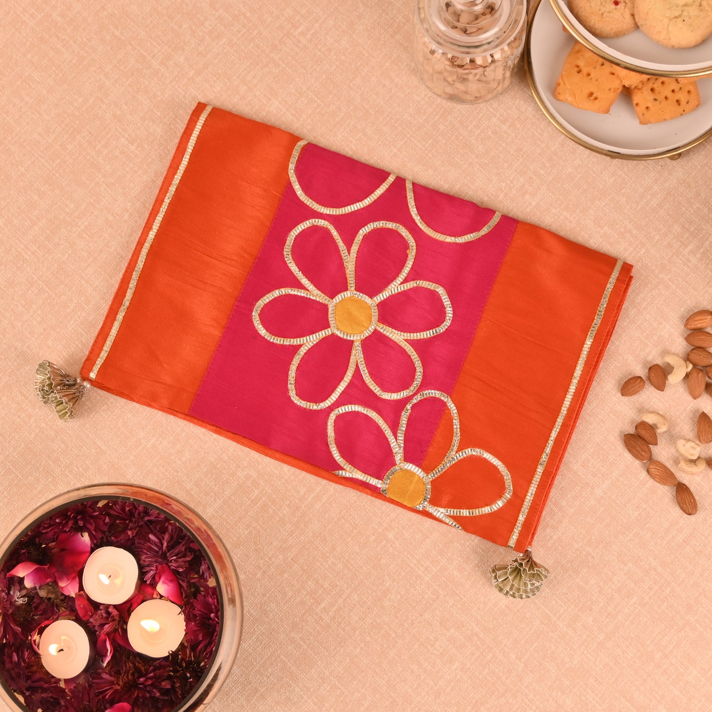 Banaavat Essence Silk Table Runner – Gota Floral Karigari (36"x13", Orange & Hot Pink)