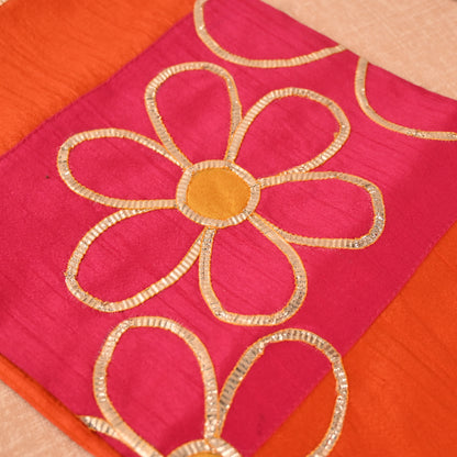 Banaavat Essence Silk Table Runner – Gota Floral Karigari (36"x13", Orange & Hot Pink)