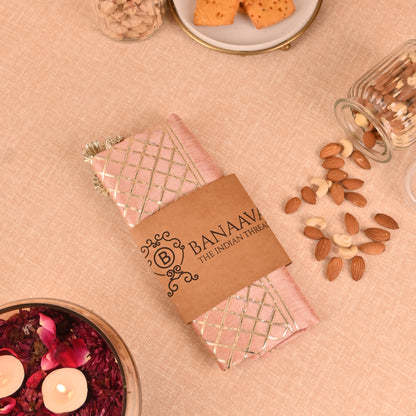 Banaavat Essence Silk Table Runner – Pastel Pink Gota Check Work & Handcrafted Tassels (36"x13")