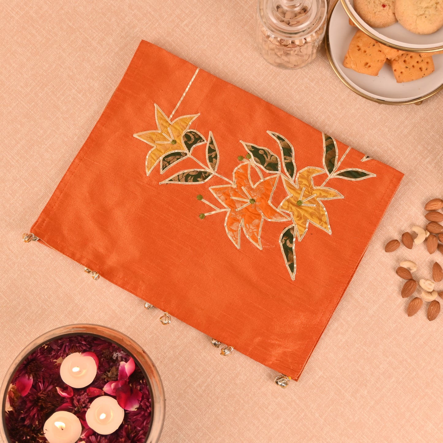 Banaavat Essence Silk Table Runner – Brocade Patchwork with Gota Outlining & Handcrafted Tassels (36"x13")