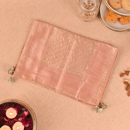 Banaavat Essence Silk Table Runner – Pastel Pink Gota Check Work & Handcrafted Tassels (36"x13")