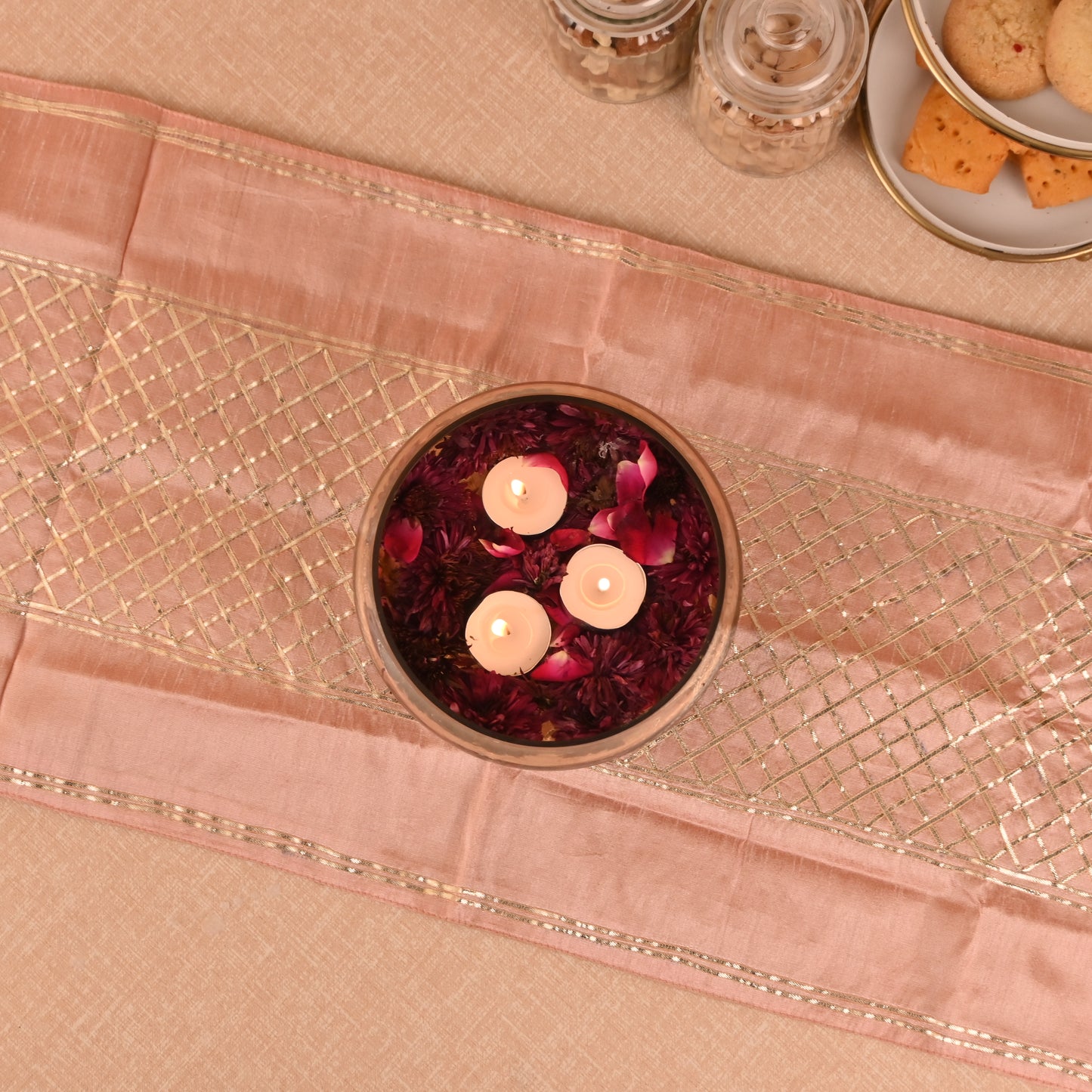Banaavat Essence Silk Table Runner – Pastel Pink Gota Check Work & Handcrafted Tassels (36"x13")