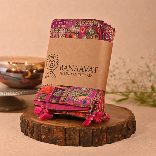 Banaavat Essence Silk Cushion Cover Set – Indian Print & Gota Lace Detailing (Set of 5, 16"x16")