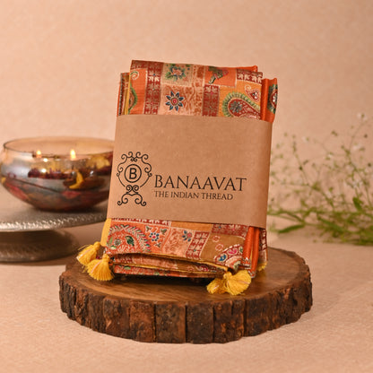 Banaavat Essence Silk Cushion Cover Set – Yellow Print & Gota Lace Detailing (Set of 5, 16"x16")