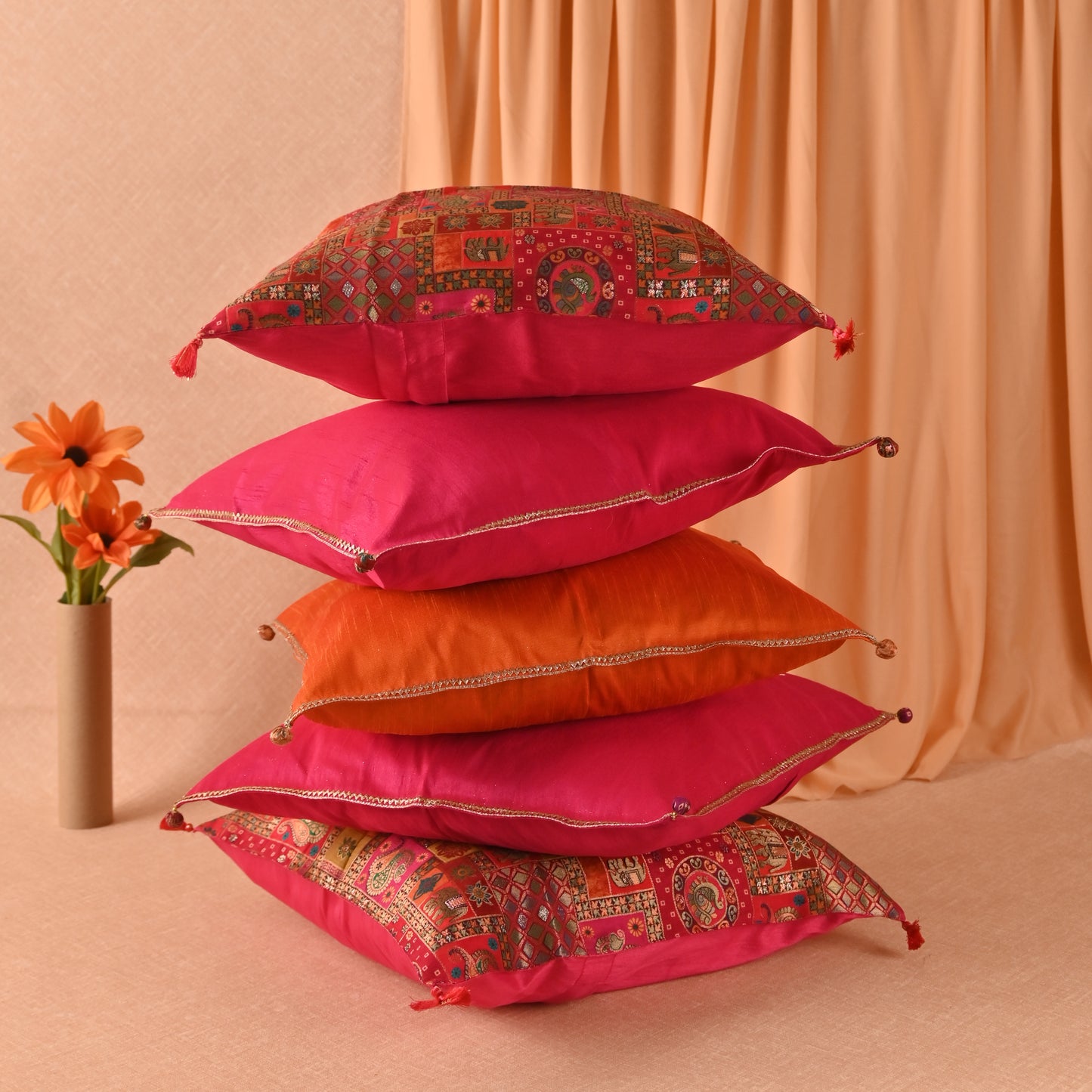 Banaavat Essence Silk Cushion Cover Set – Indian Print & Gota Lace Detailing (Set of 5, 16"x16")