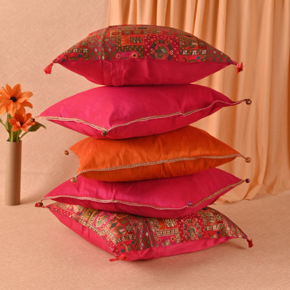 Banaavat Essence Silk Cushion Cover Set – Indian Print & Gota Lace Detailing (Set of 5, 16"x16")