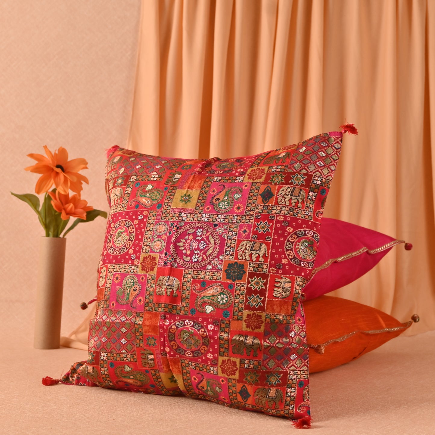 Banaavat Essence Silk Cushion Cover Set – Indian Print & Gota Lace Detailing (Set of 5, 16"x16")