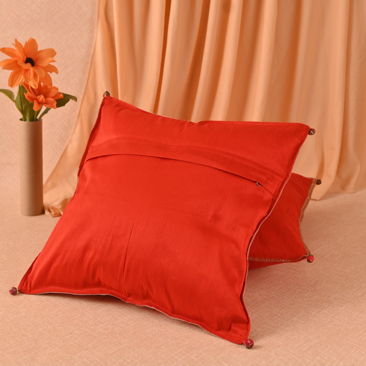 Banaavat Essence Silk Cushion Cover Set – Indian Print & Gota Lace Detailing (Set of 5, 16"x16")