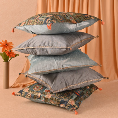 Banaavat Essence Silk Cushion Cover Set – Pastel Print & Gota Lace Detailing (Set of 5, 16"x16")