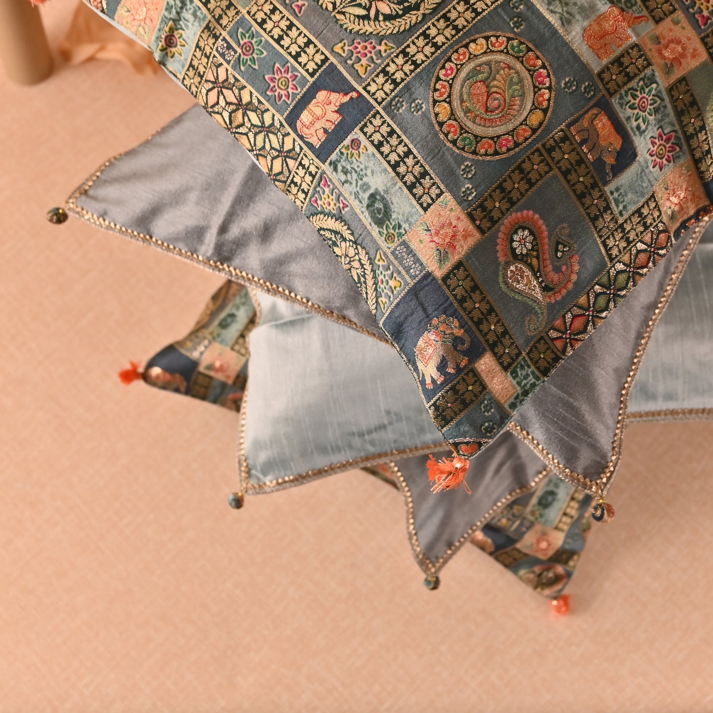 Banaavat Essence Silk Cushion Cover Set – Pastel Print & Gota Lace Detailing (Set of 5, 16"x16")