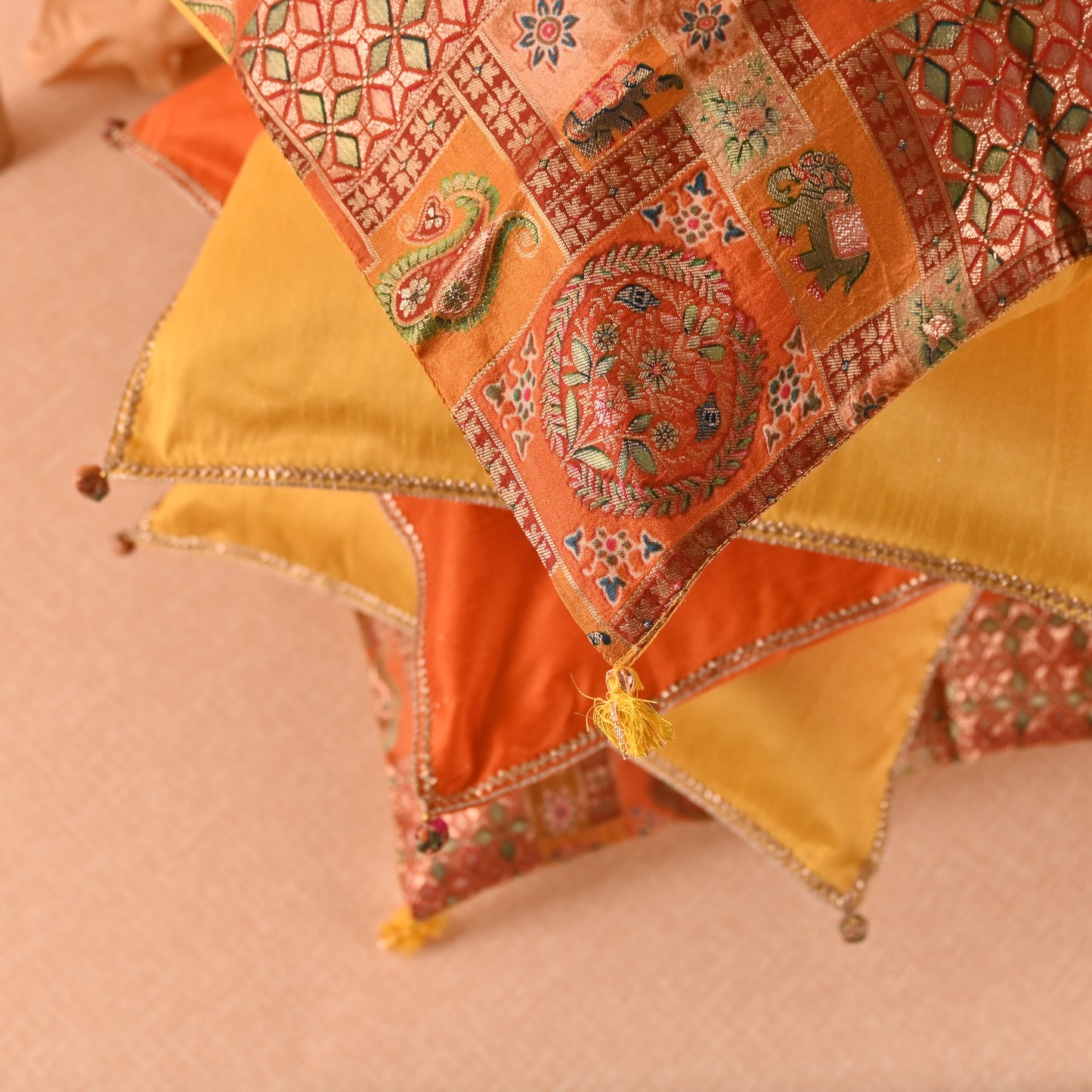 Banaavat Essence Silk Cushion Cover Set – Yellow Print & Gota Lace Detailing (Set of 5, 16"x16")
