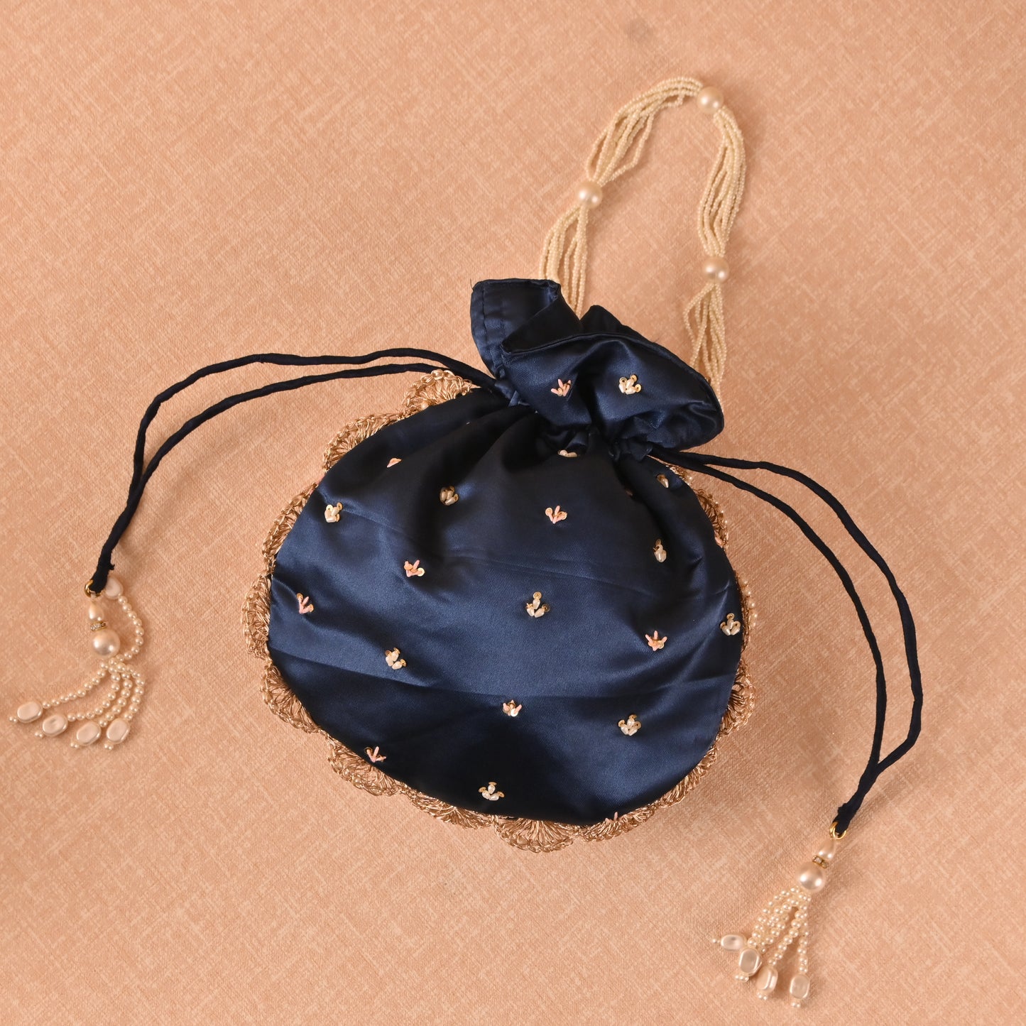 Banaavat Essence Navy Muslin Silk Potli – Multi-Color Thread Embroidery