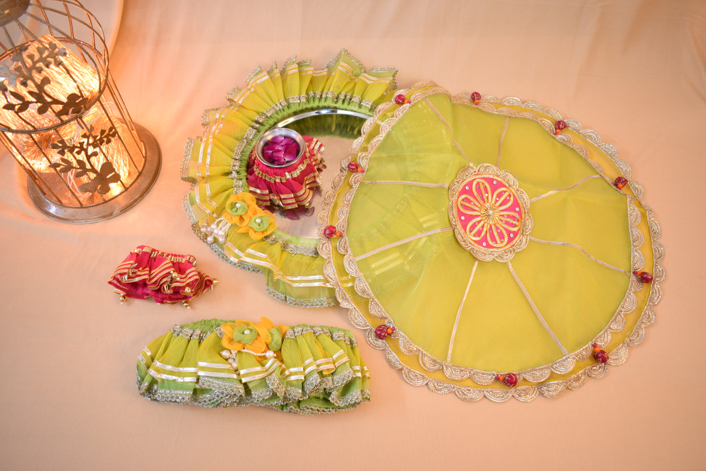 DIY Thaal Decor Set - Set of 3 (Thaal Fryll, Kalash Fryll, Thaal Posh) -Green  Pink Color